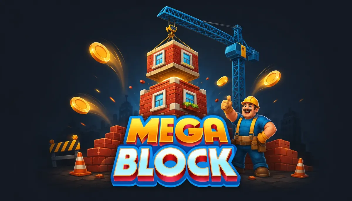 MegaBlock en 1xBet: grúa levantando un bloque de ladrillos sobre la torre y monedas doradas