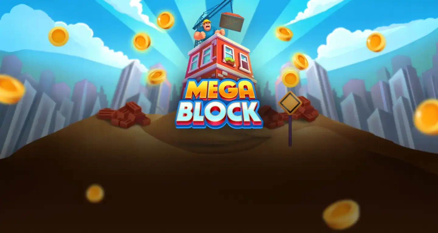 Pantalla de carga de MegaBlock con la torre, la grúa y la ciudad al fondo