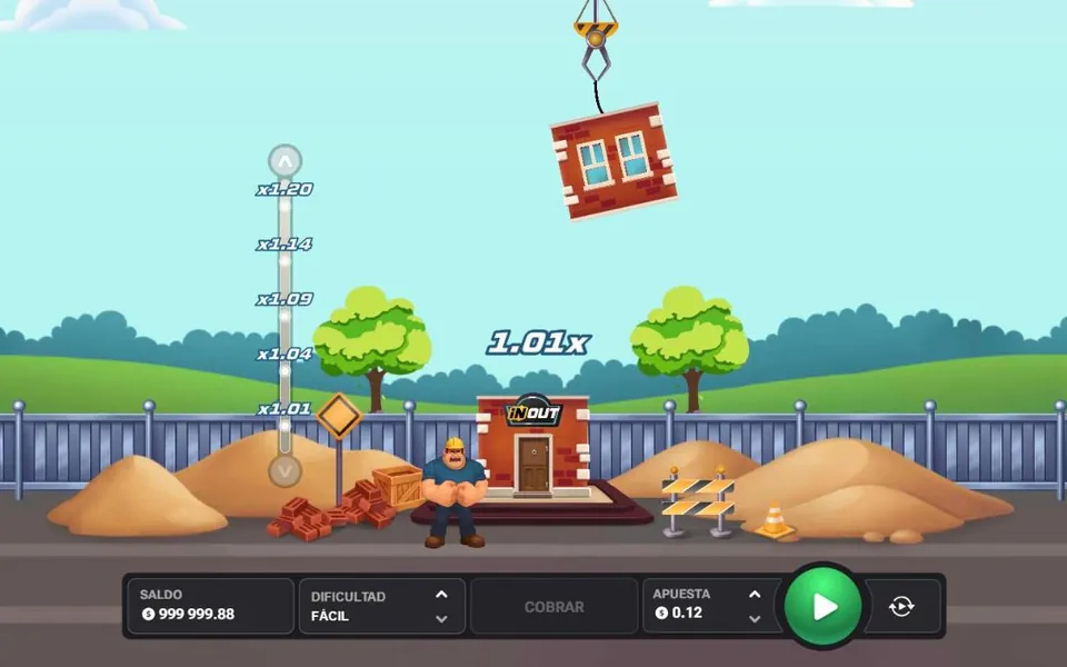 Captura de MegaBlock demo en español: torre con multiplicador 1.01x, dificultad Fácil y saldo virtual