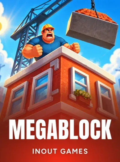 Portada de MegaBlock de InOut Games con el obrero en la azotea y un bloque colgando de la grúa