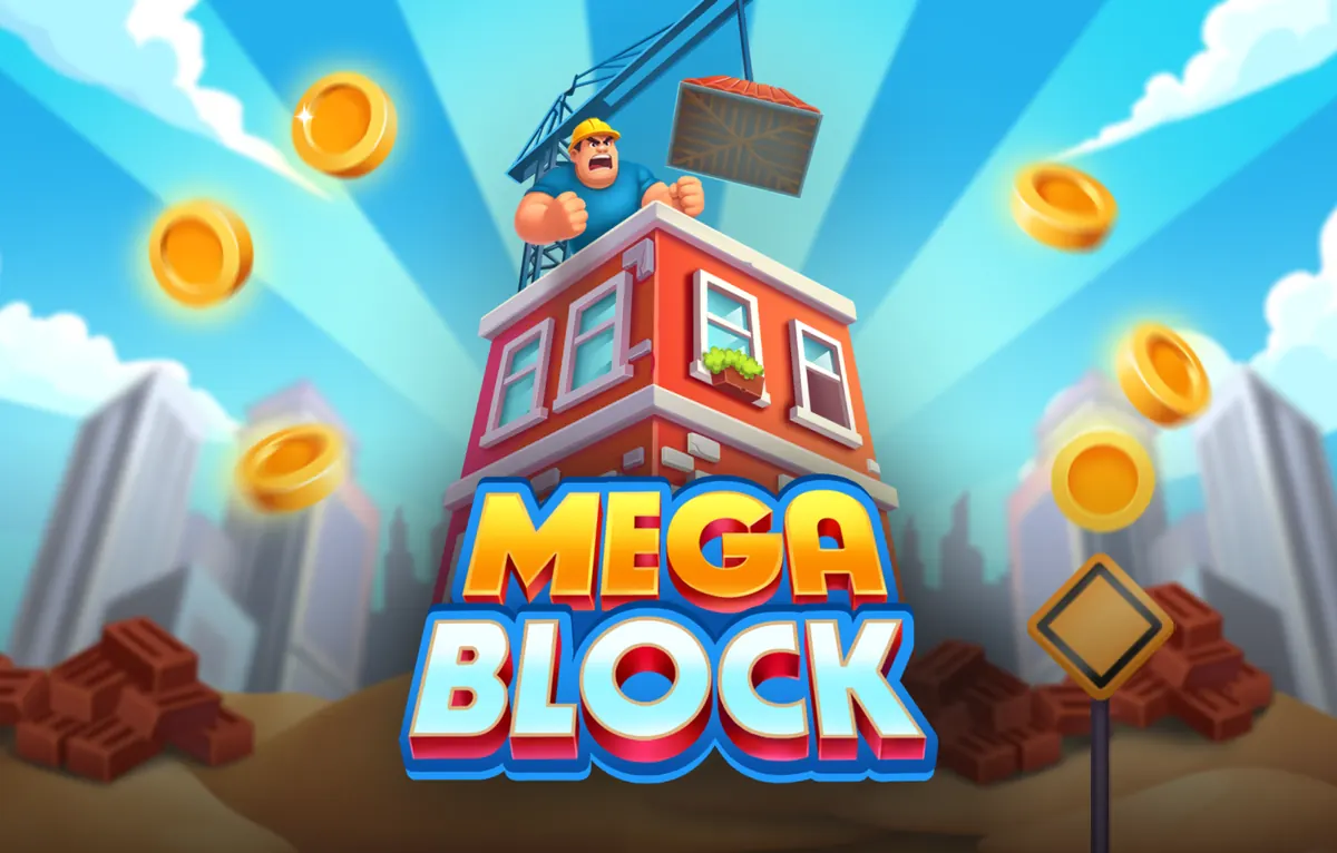 MegaBlock slot de InOut Games: obrero sobre la torre de ladrillos con la grúa y monedas